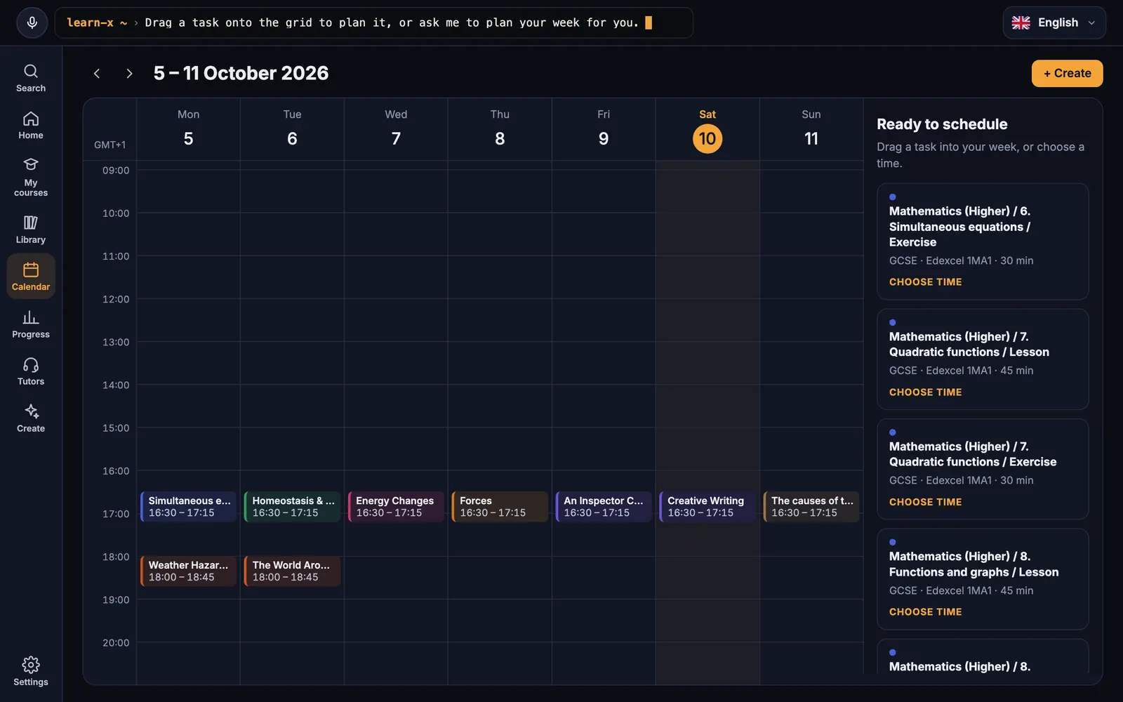 A weekly study calendar with planned sessions