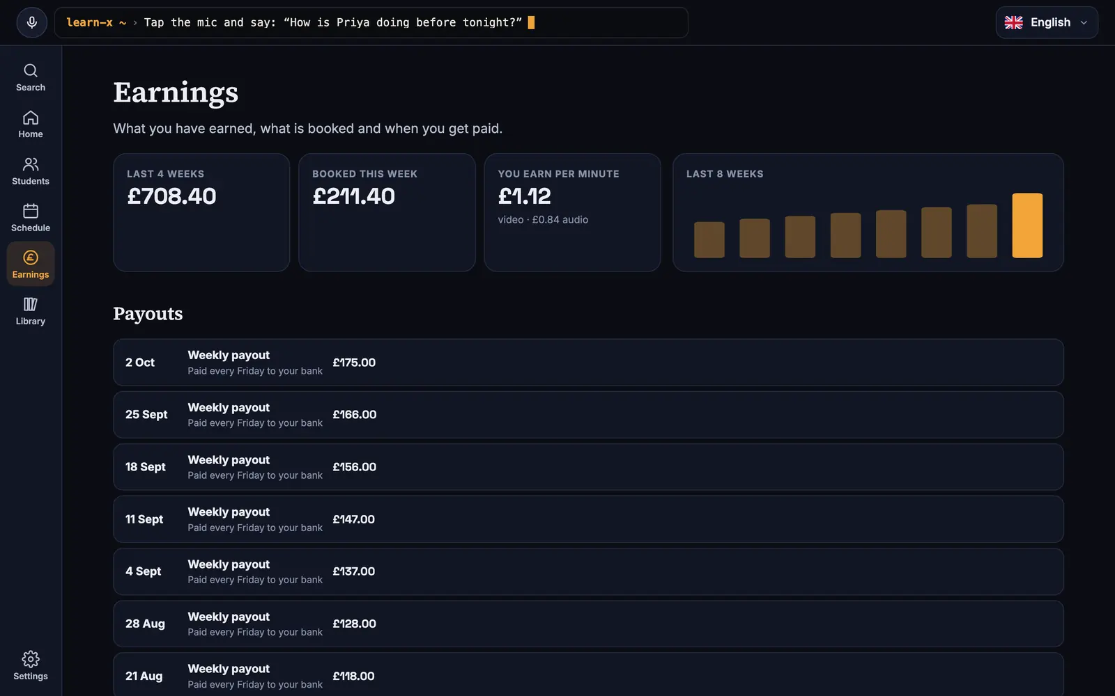 A tutor's earnings page with weekly payouts