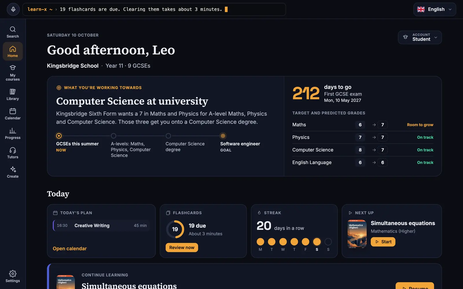 The student home page with the assistant bar at the top