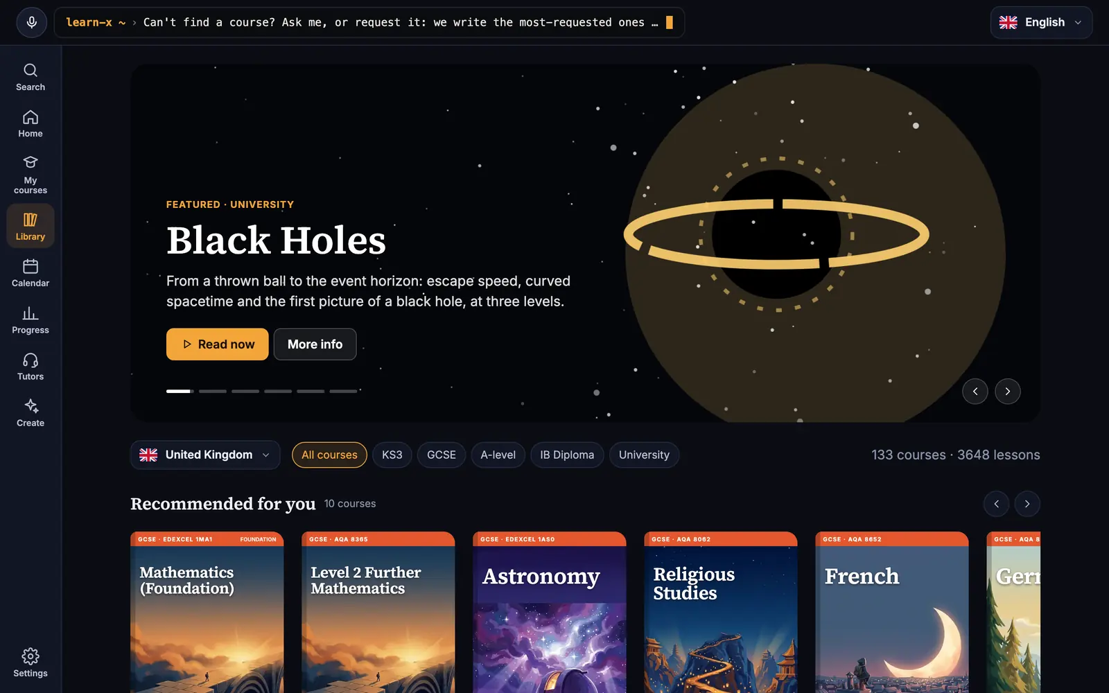 The library in the app, with featured courses and painted covers