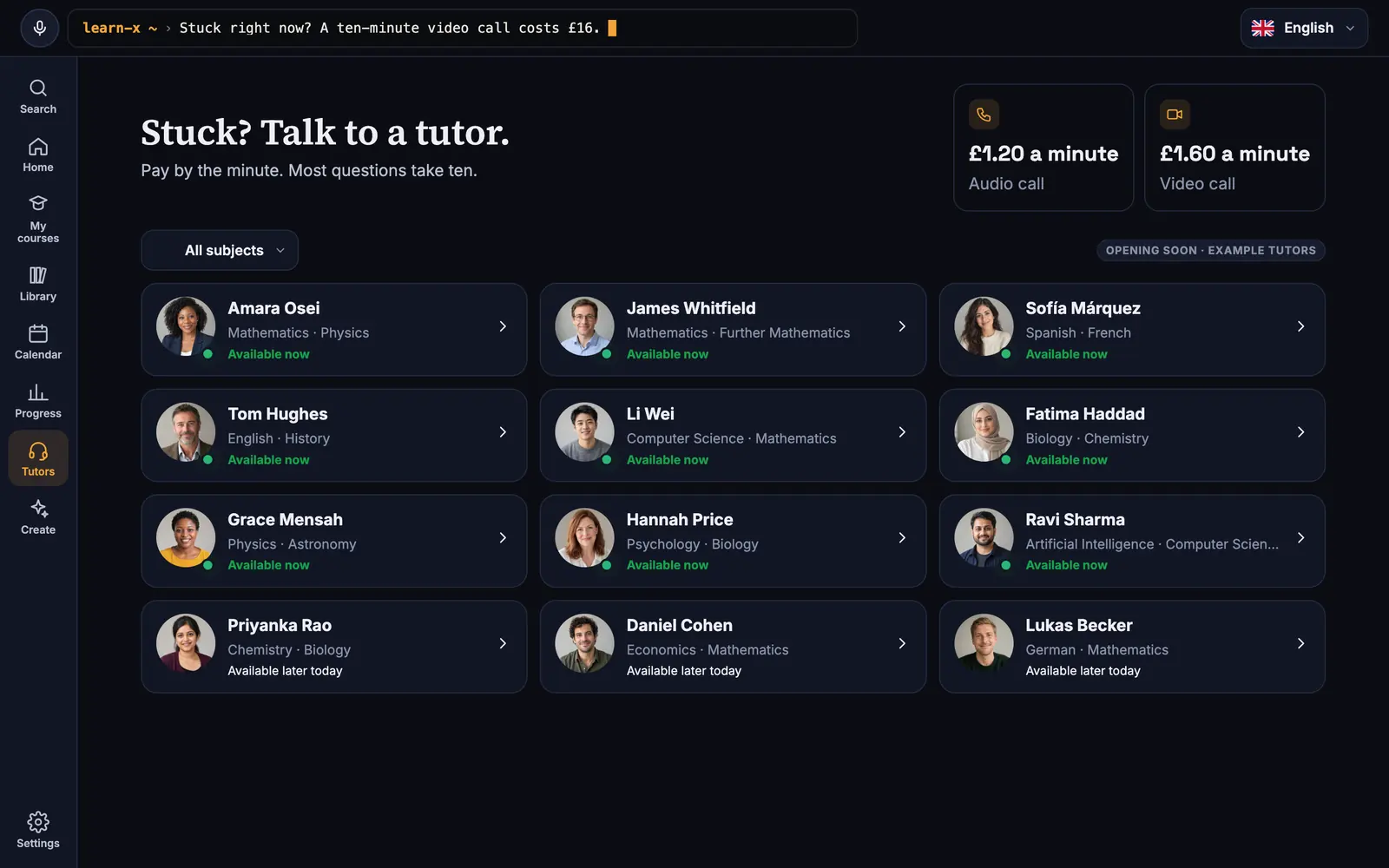 Tutors available now, with per-minute prices